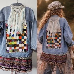 Patchwork Back Panel Light Blue Denim Jacket with Fringe and Lace Yoke